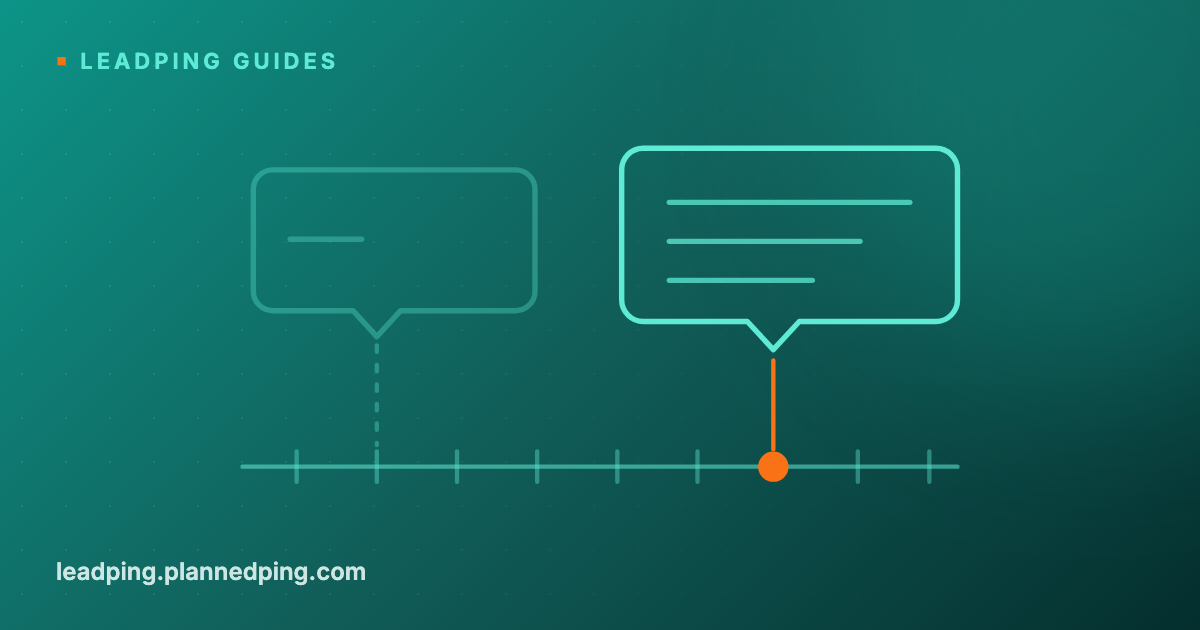 Flat line illustration of two message bubbles above a timeline of evenly spaced marks — a faint one holding a single short line, and a brighter one holding three full lines, tied to one highlighted moment