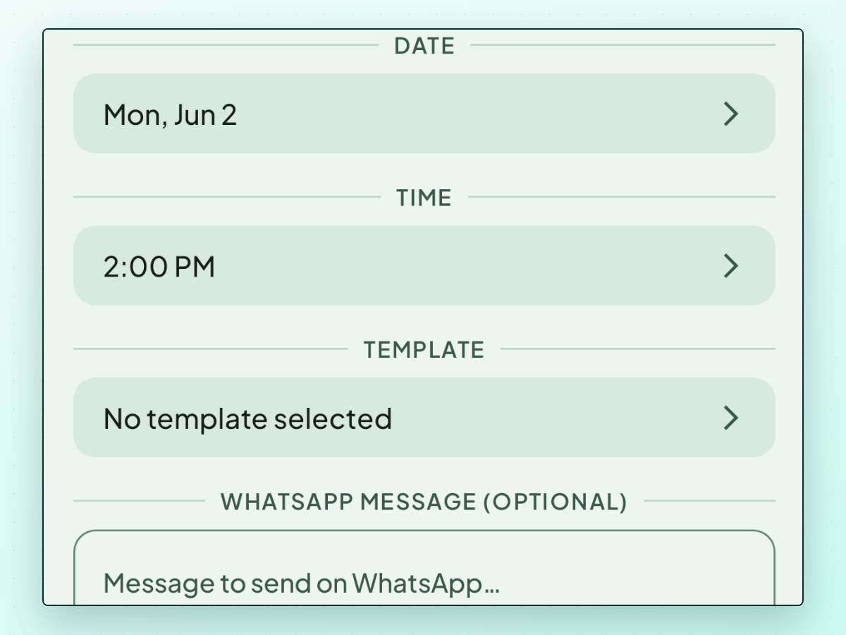 LeadPing's follow-up screen showing a date of Mon, Jun 2, a time of 2:00 PM, no template selected, and a field labelled WHATSAPP MESSAGE (OPTIONAL) with the placeholder Message to send on WhatsApp